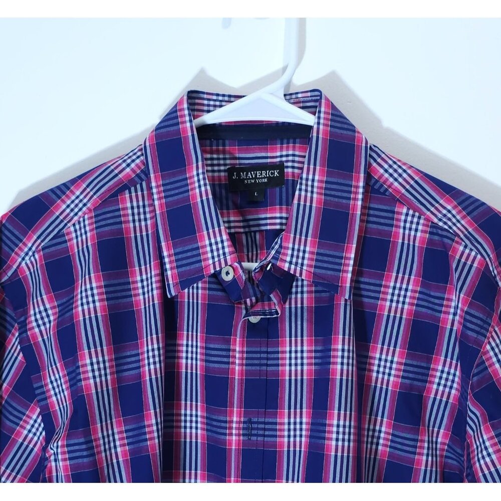 J. Maverick Plaid Button-Up Shirt L New York Blue & Pink Long Sleeve Cotton